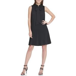 DKNY Women's Black Sleeveless Pleated Bow Tie Neck Mini Shift Tank Dress Size 8